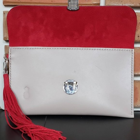 Taupe Leather Clutch with Red Suede Lining - Picture 2 of 2